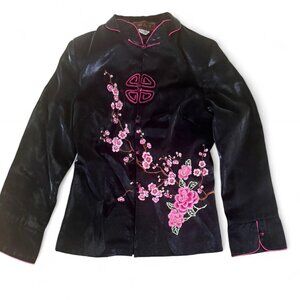 Y2K Black Satin Mandarin Collar Embroidered Top